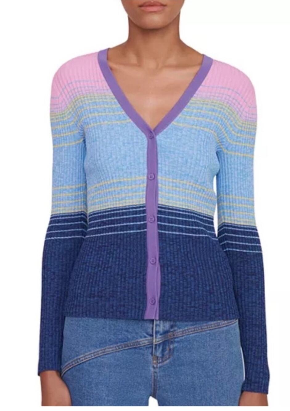 STAUD Women's Cargo Ribbed Colorblocked Cardigan Lightweight Sweater, XS